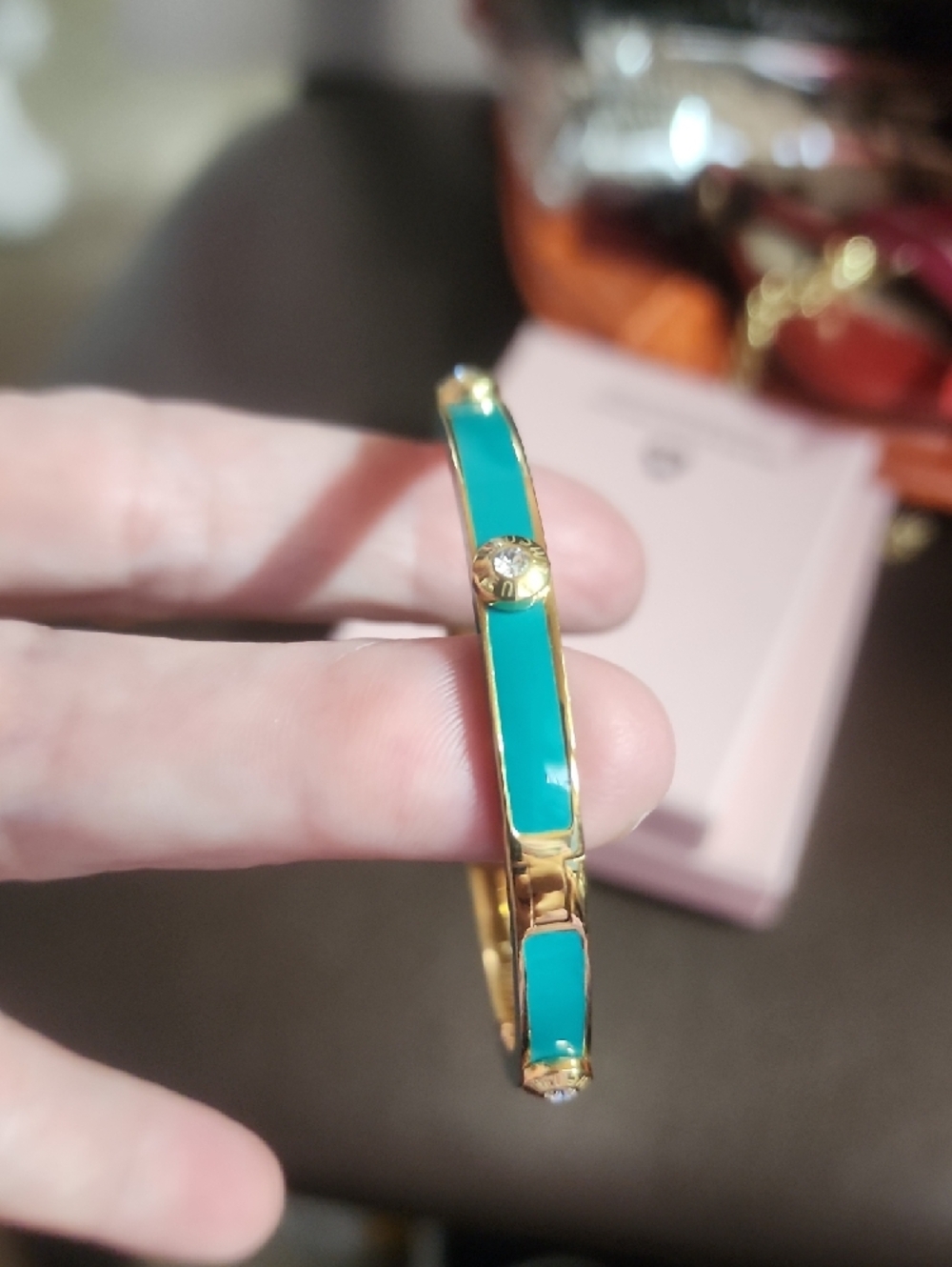 Henri Bendel Teal Enamel Hinged Bangle Bracelet with Crystal Accents Nwot